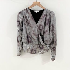 Maison d’Amelie Long Sleeve Metallic Floral Blouse Silver Size Small